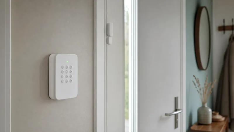 Wit alarmsysteem bedieningspaneel aan binnenmuur in gang met sensor op deurkozijn van voordeur