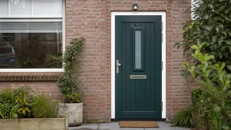 Voordeur van een Nederlandse woning met veiligheidsbeslag, cilinderslot en bewegingssensor verlichting, gefotografeerd van buitenaf overdag