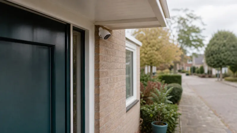 Witte buitencamera bevestigd aan bakstenen gevel naast de voordeur van een Nederlandse woning, gericht op het tuinpad.