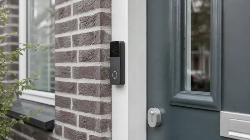 Video deurbel gemonteerd naast de voordeur van een gewoon Nederlands huis bij daglicht
