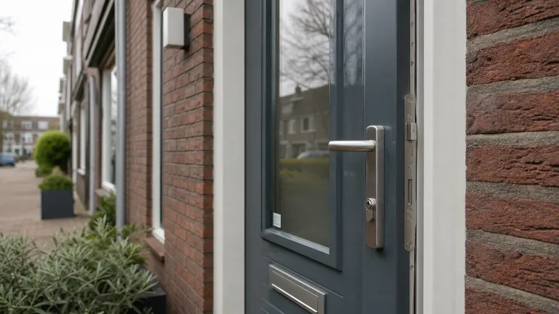 Voordeur van een Nederlandse woning met slot en een klein certificeringslabel op het glas, buitenaanzicht overdag