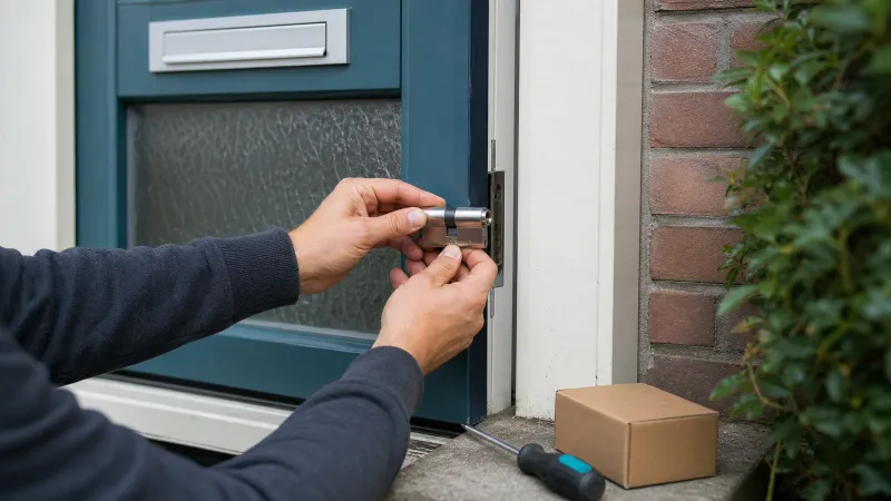 Monteur plaatst een nieuw cilinderslot in de voordeur van een gewone Nederlandse woning, met gereedschap en een doosje ernaast