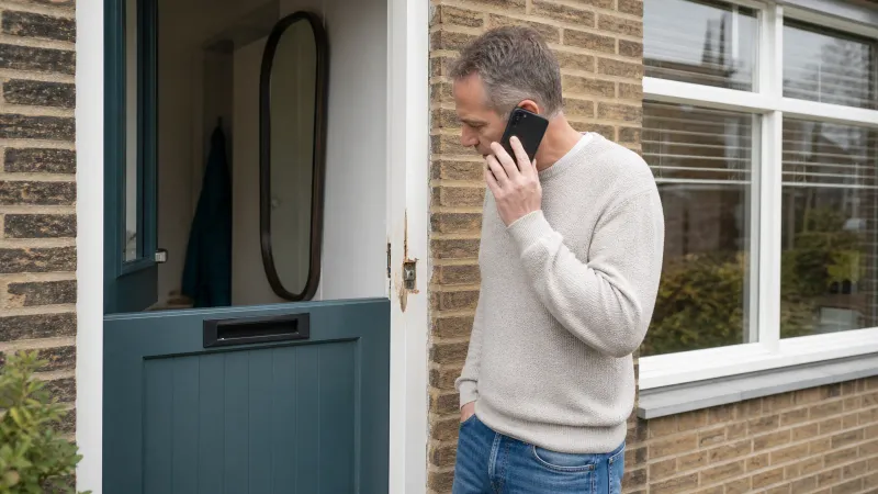 Persoon staat buiten bij een voordeur met beschadigd kozijn en belt met een telefoon in de hand