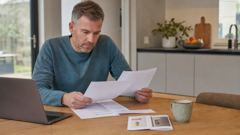Persoon aan keukentafel bekijkt offertes voor inbraakbeveiliging op laptop naast papieren prijsopgaven en folder