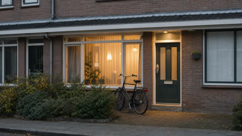 Voorgevel van een Nederlandse rijtjeswoning in de avond met verlichte ramen, een stevig slot op de voordeur en buitenverlichting.