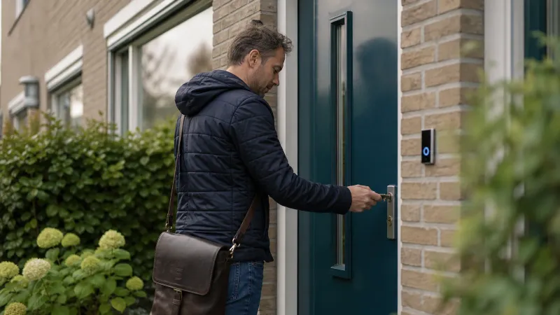 Voordeur van een gewoon Nederlands rijtjeshuis met slot en bel, bewoner sluit de deur af overdag