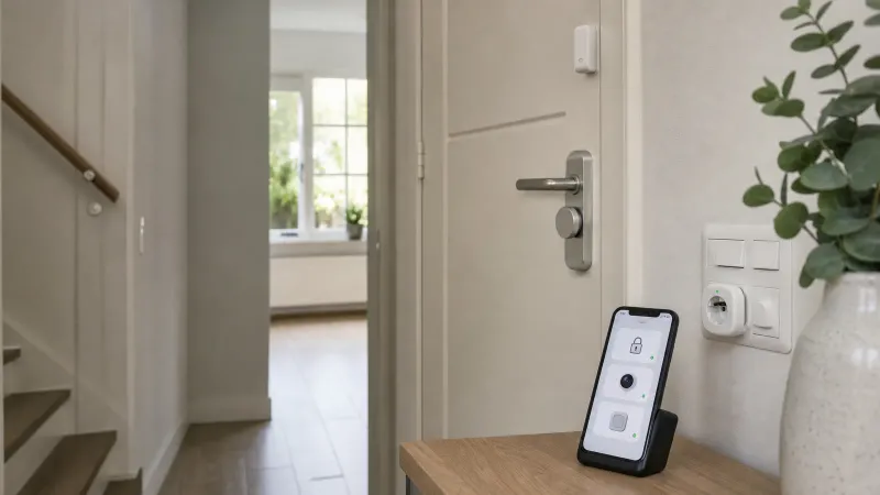 Nederlandse hal met smartphone met beveiligingsapp op tafel, slim slot in voordeur en sensor op deurpost