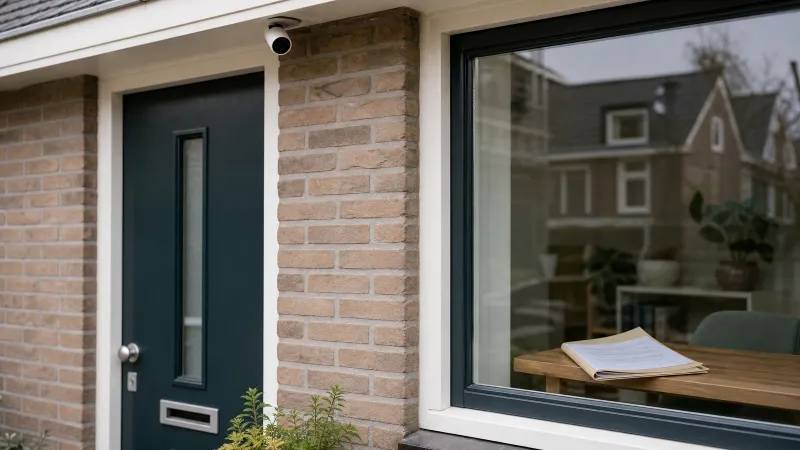 Beveiligingscamera aan de gevel van een gewoon huis, met op de achtergrond een map met papieren op een bureau binnen