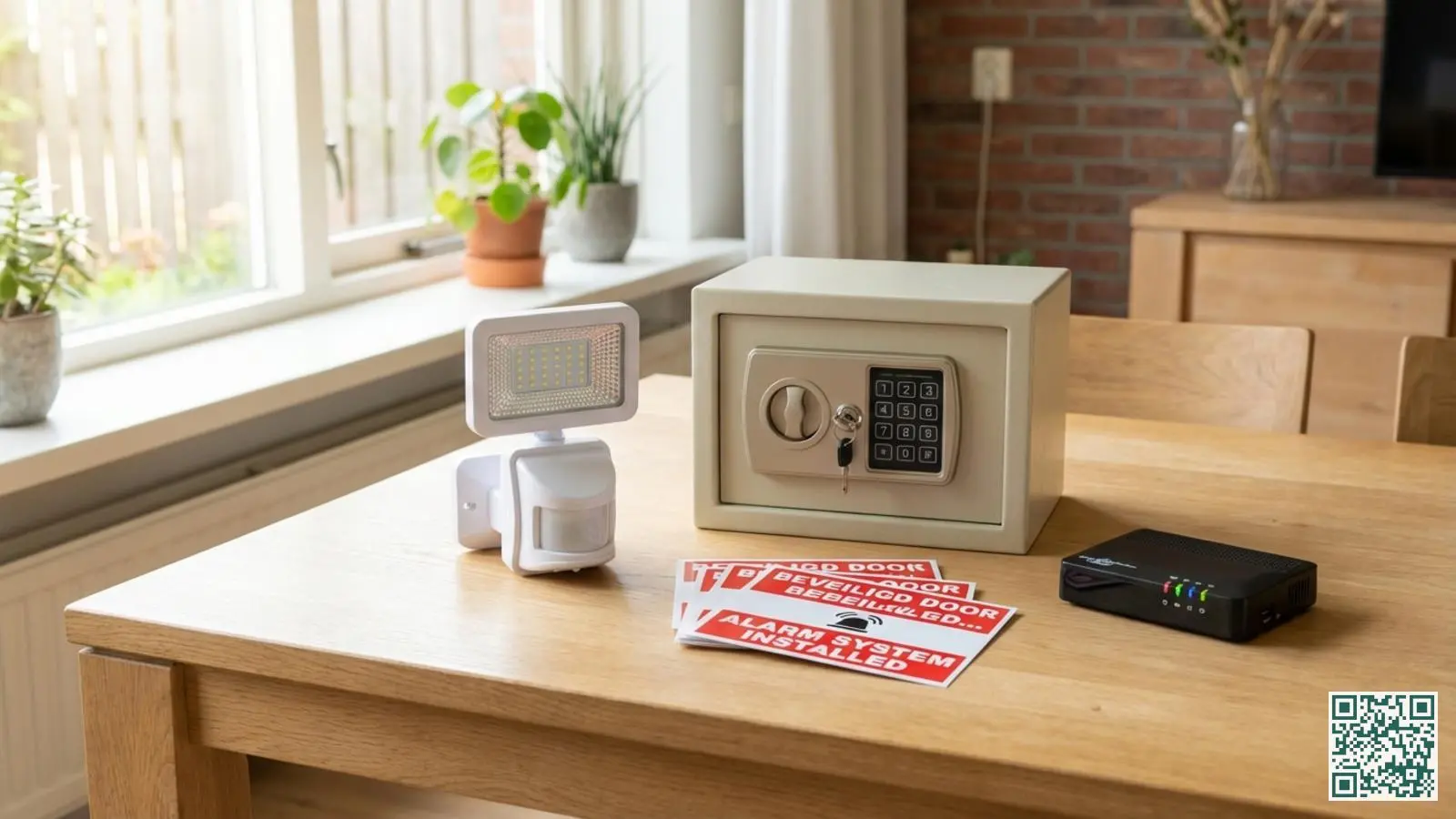 Diverse beveiligingsaccessoires uitgestald op een houten tafel waaronder een buitenlamp met sensor een kluis en waarschuwingsstickers