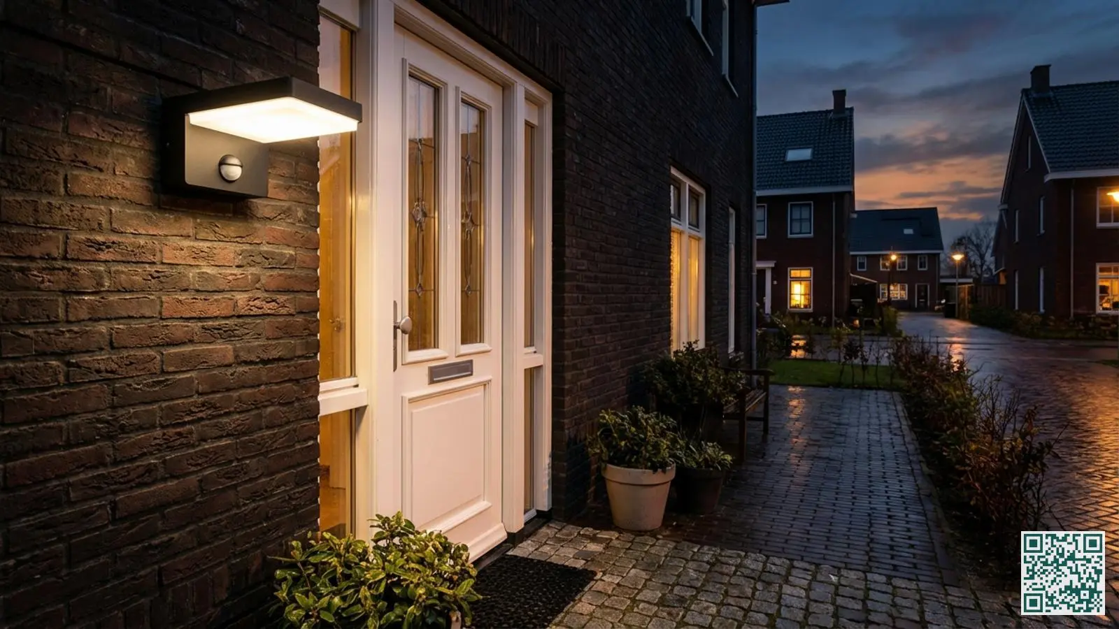 Moderne LED buitenlamp met bewegingssensor naast een witte voordeur die de entree verlicht in de avondschemering