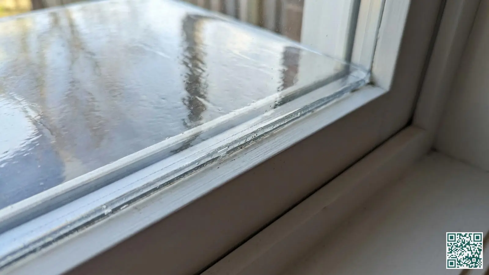 Close-up van dikke professionele veiligheidsfolie op raamglas met zichtbare beschermende laag tegen het witte kozijn