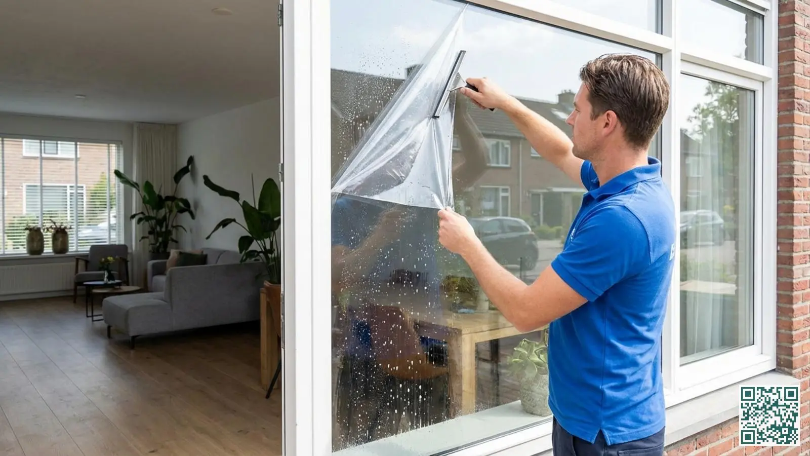 Professionele transparante veiligheidsfolie wordt aangebracht op een raam van een Nederlandse woning met zichtbare lichtreflectie