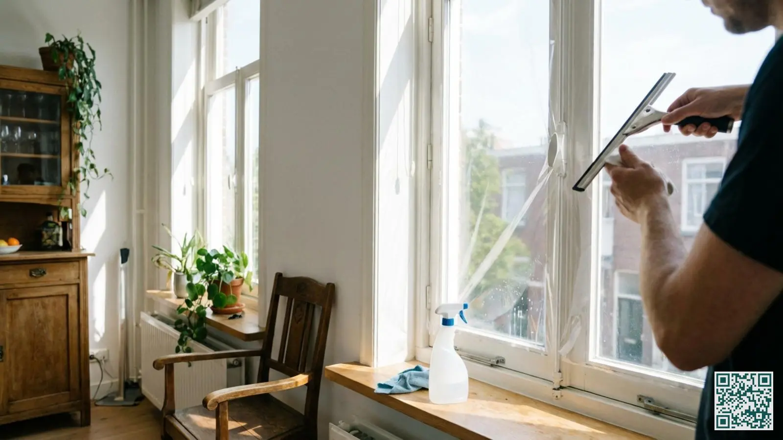 Persoon brengt zelf veiligheidsfolie aan op een raam met een rubberen wisser terwijl schoonmaakspullen op de vensterbank liggen