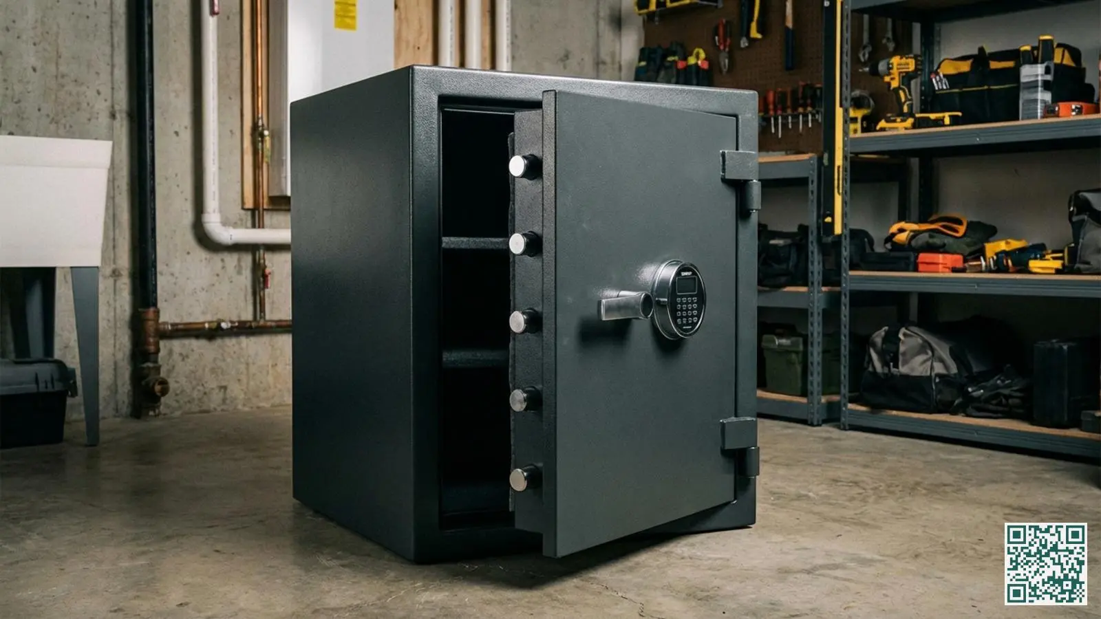 Zware gecertificeerde kluis met dikke stalen wanden en elektronisch digitaal slot in een bijkeuken