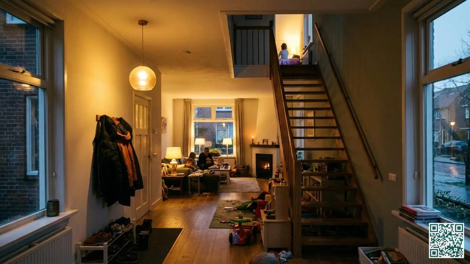 Nederlands huis met verlichting aan in meerdere kamers wat de indruk van bewoning versterkt