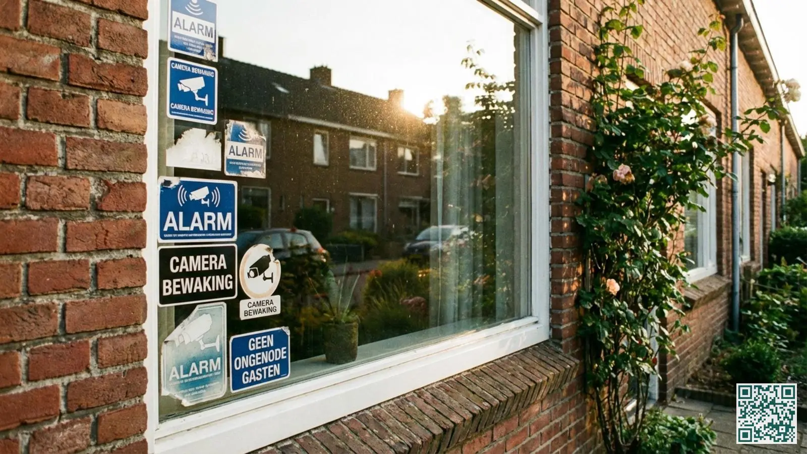 Verschillende beveiligingsstickers waaronder alarm- en camerawaarschuwingen zichtbaar op een woonhuisraam