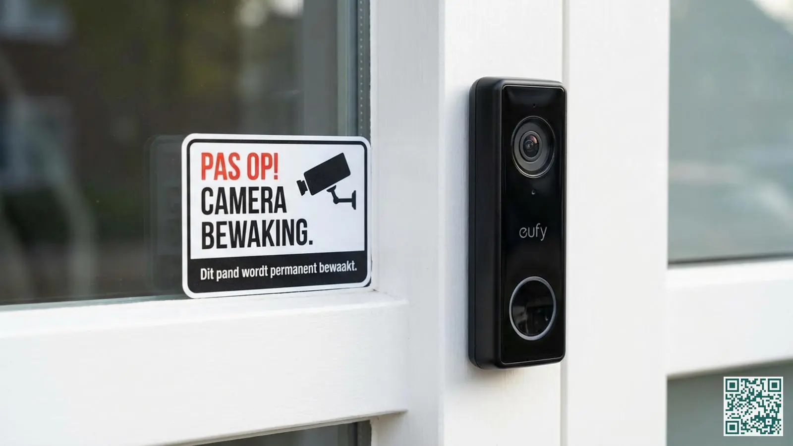 Professionele camerawaarschuwingssticker geplaatst naast een video deurbel bij de voordeur van een woning