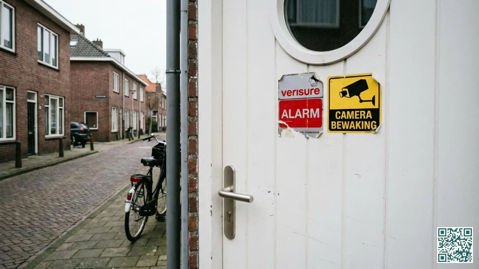 Witte voordeur van een Nederlandse woning met zichtbare alarm- en camerawaarschuwingsstickers op ooghoogte