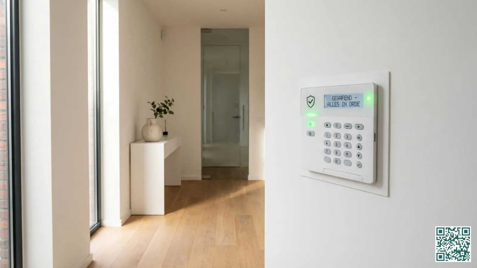 Modern wit alarmsysteem bedieningspaneel met groen statuslampje gemonteerd aan de muur in een lichte hal