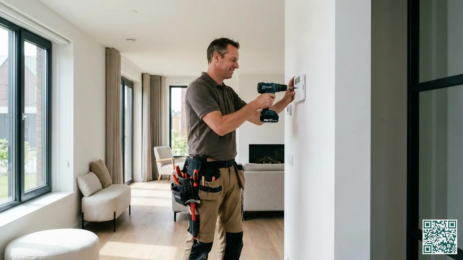 Professionele beveiligingsinstallateur monteert een alarmpaneel aan de muur in een moderne Nederlandse woning