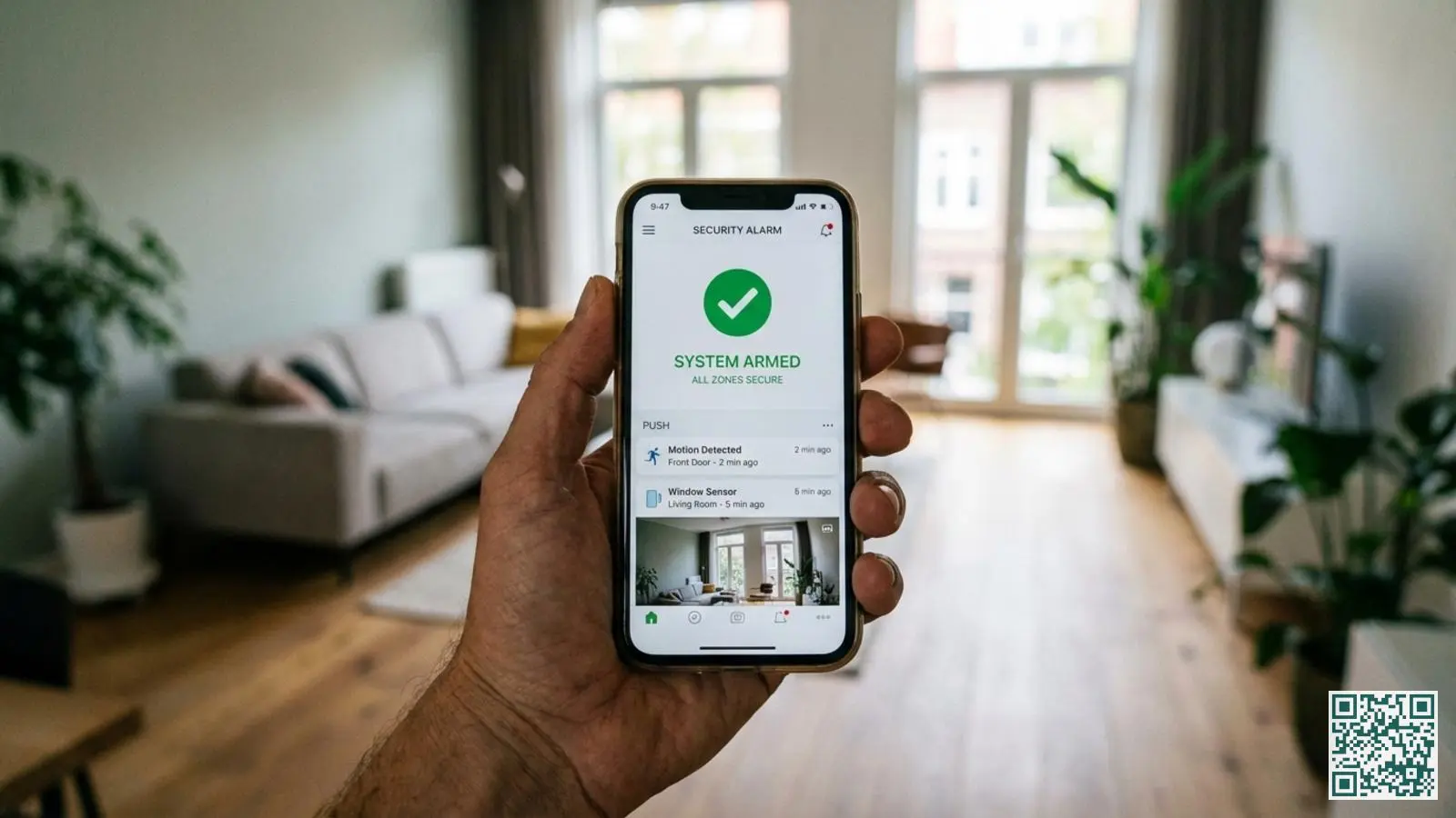Smartphone toont alarmsysteem app met beveiligingsstatus en meldingen in Nederlandse woonkamer