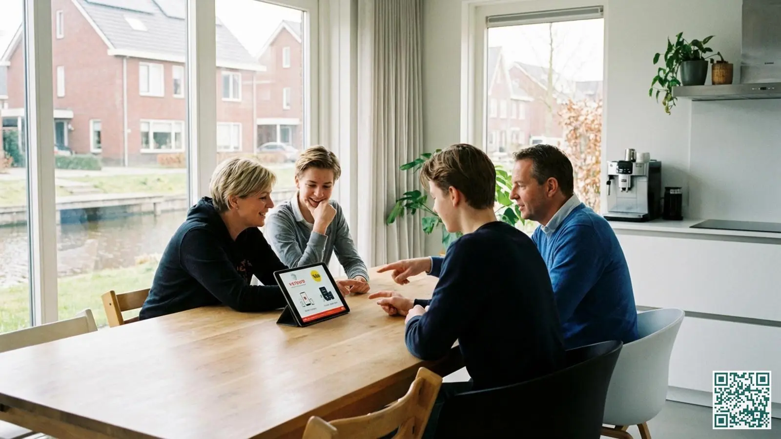 Nederlands gezin bespreekt alarmsysteemopties op tablet aan de keukentafel in moderne woning