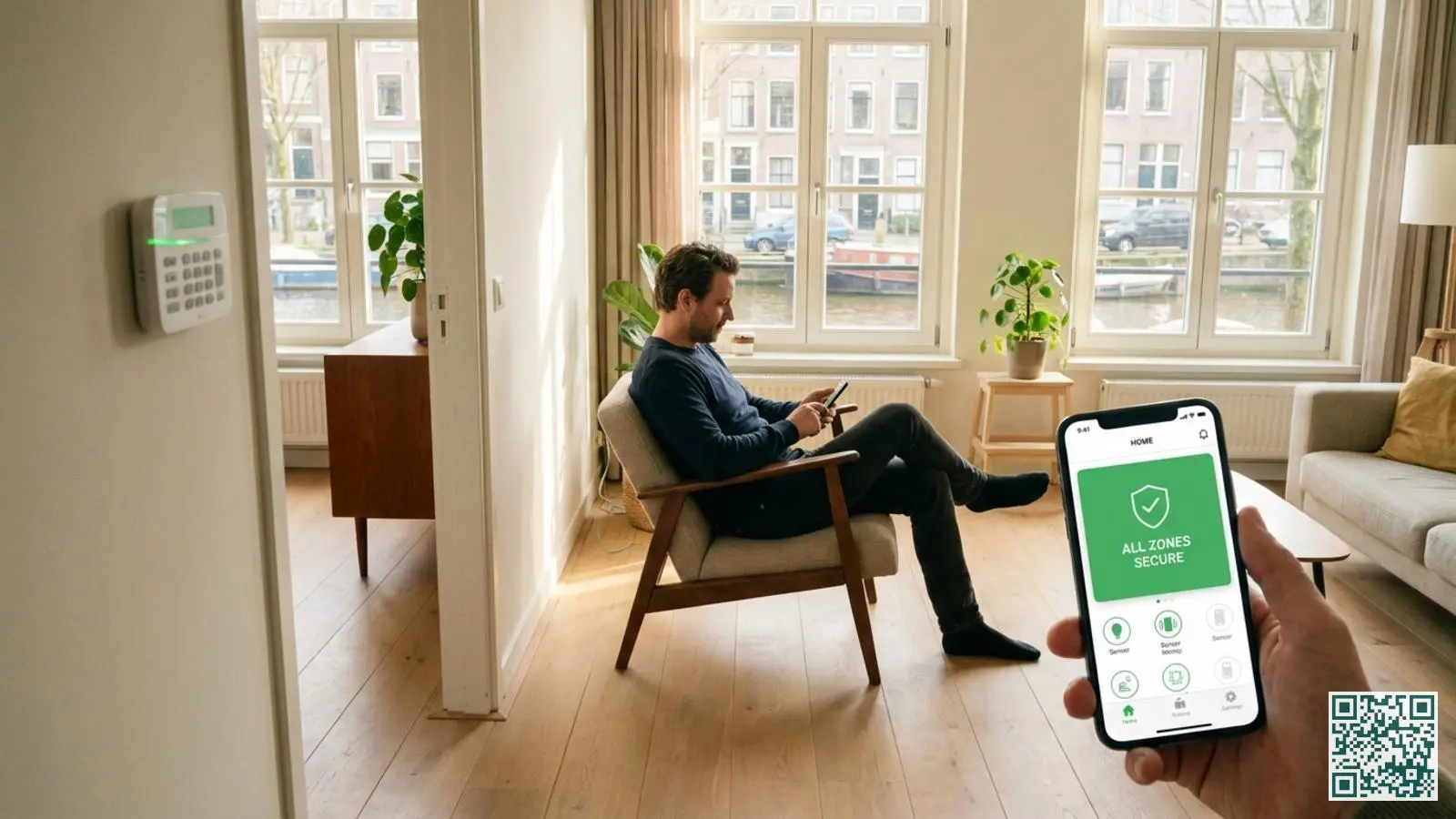 Persoon in moderne woonkamer bekijkt alarmsysteem app op smartphone met sensorstatus terwijl witte keypad zichtbaar is aan de muur