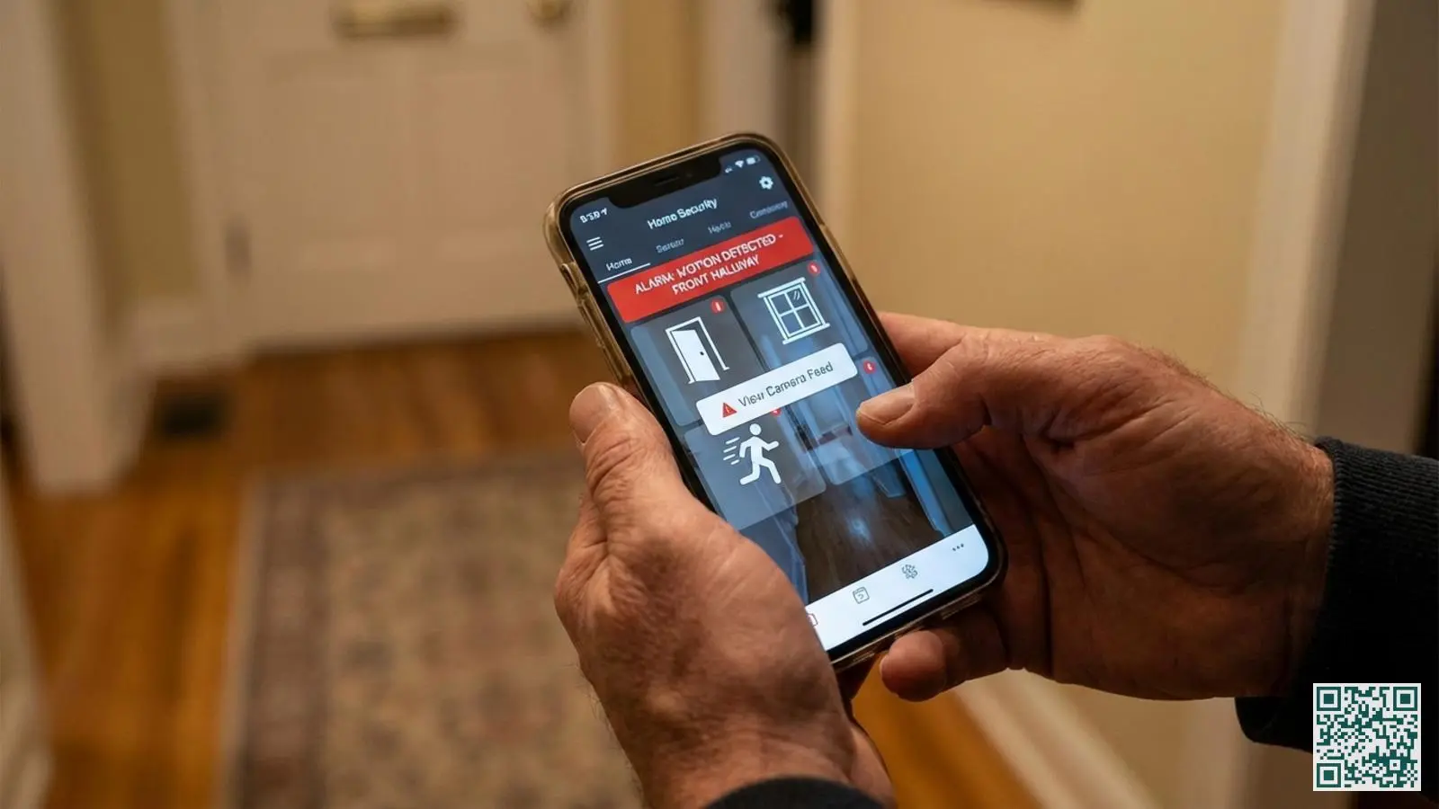 Close-up van handen die smartphone vasthouden met alarmmelding beweging gedetecteerd op beveiligingsapp scherm