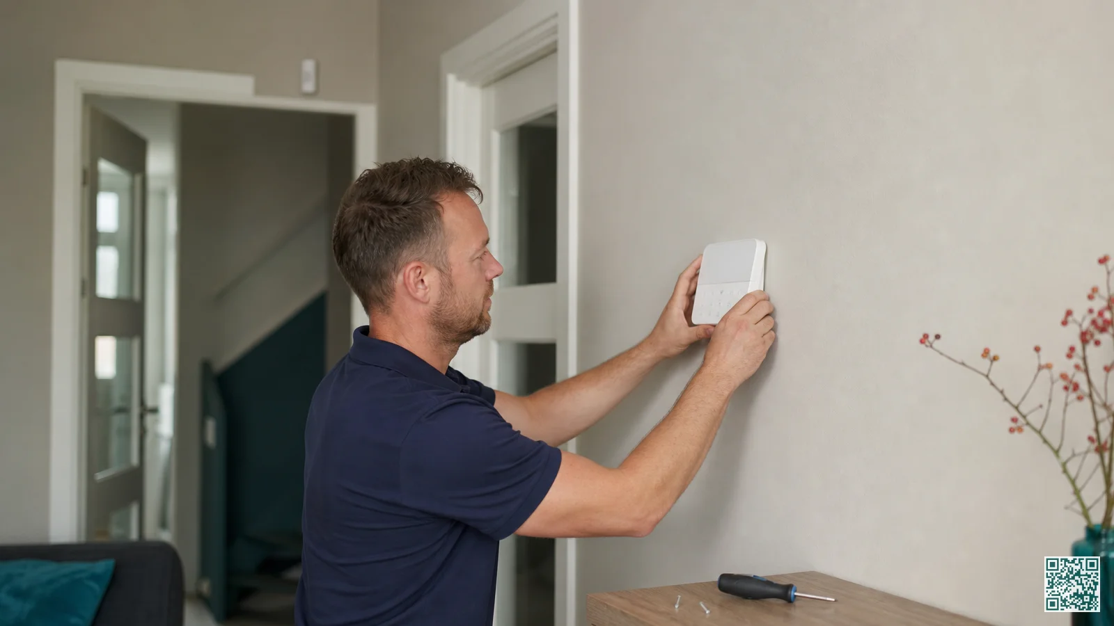 Monteur bevestigt een draadloos alarmpaneel aan de binnenmuur van een Nederlandse woonkamer, met bewegingssensor bij de deuropening