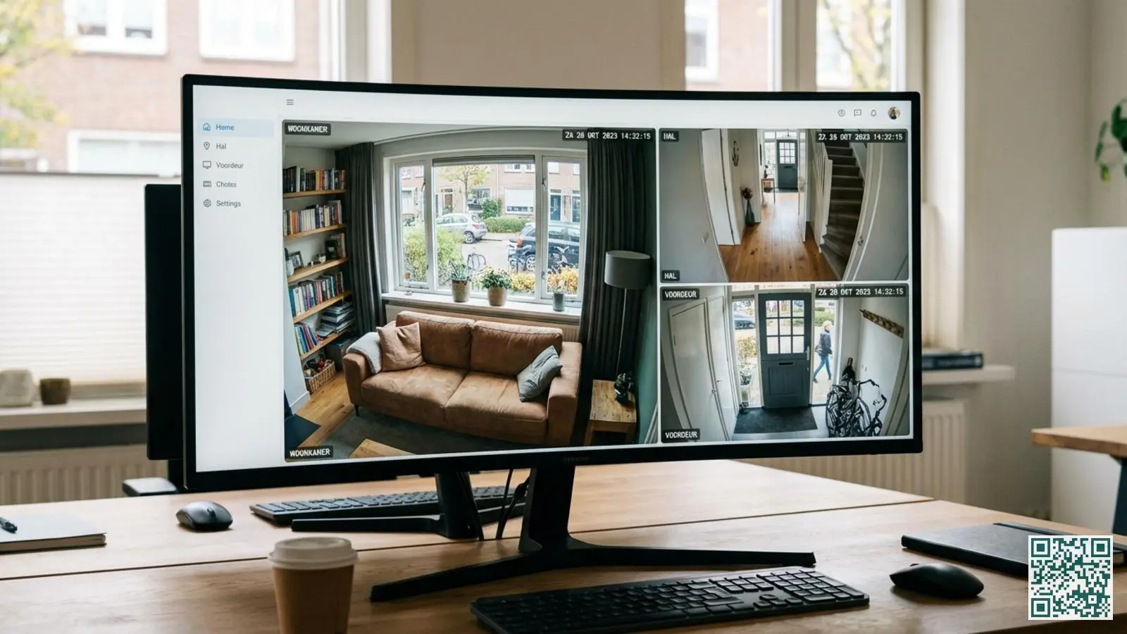 Beeldscherm met meerdere beveiligingscamera beelden van een woning voor cameraverificatie in meldkamer