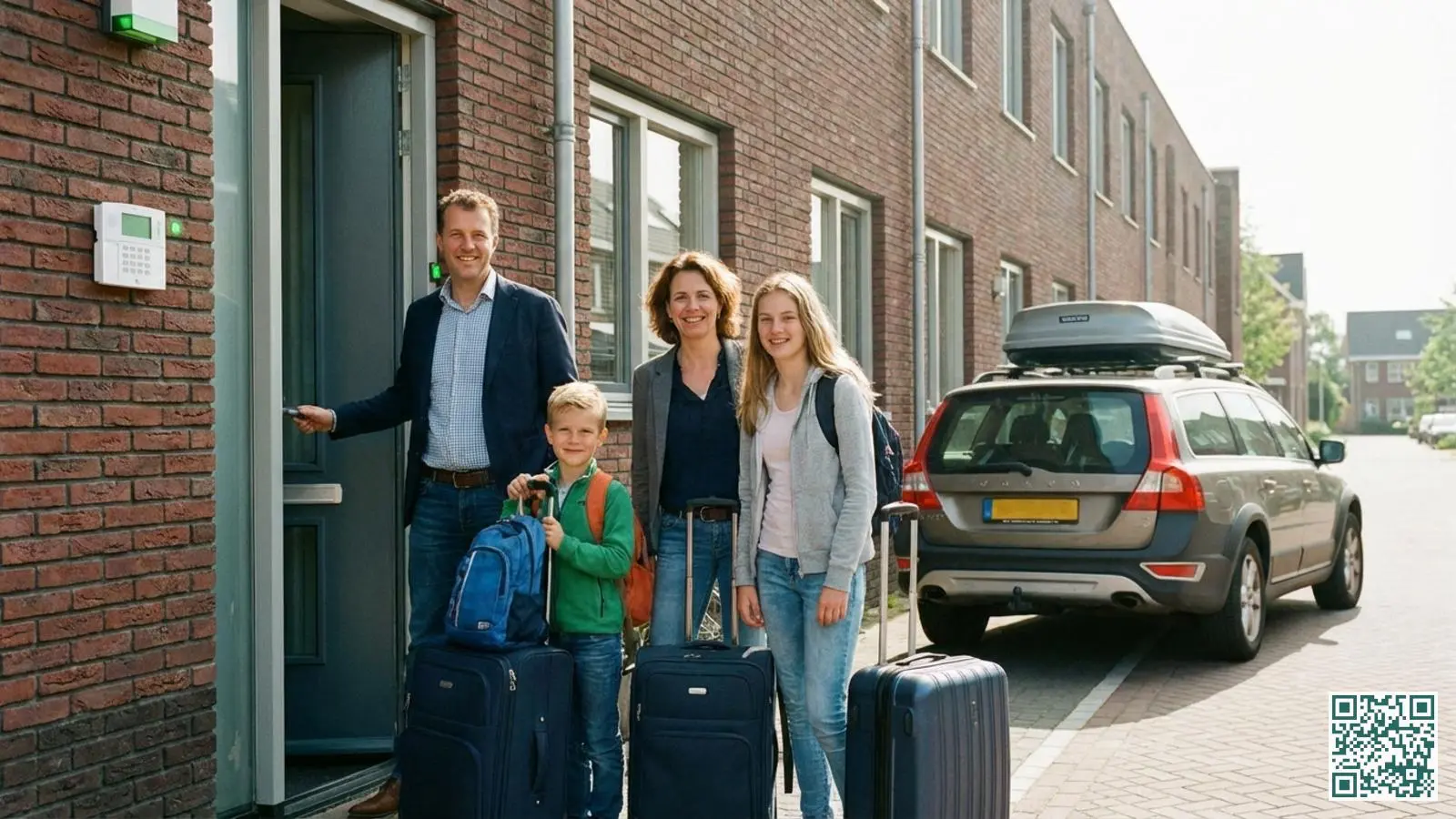 Nederlands gezin met koffers bij voordeur klaar voor vakantie met zichtbaar alarmpaneel bij de deur