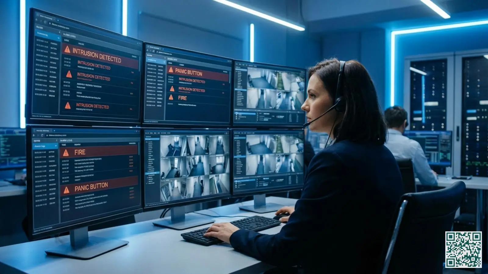 Professionele meldkamer operator met headset achter meerdere beeldschermen met alarmmeldingen en camerabeelden