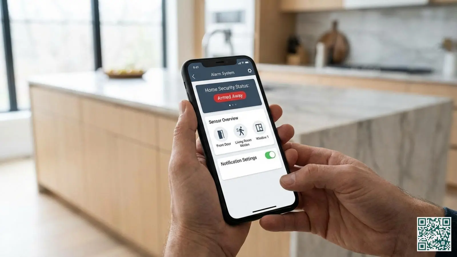 Smartphone met alarmsysteem app geopend die de beveiligingsstatus en sensoroverzicht toont in een keuken