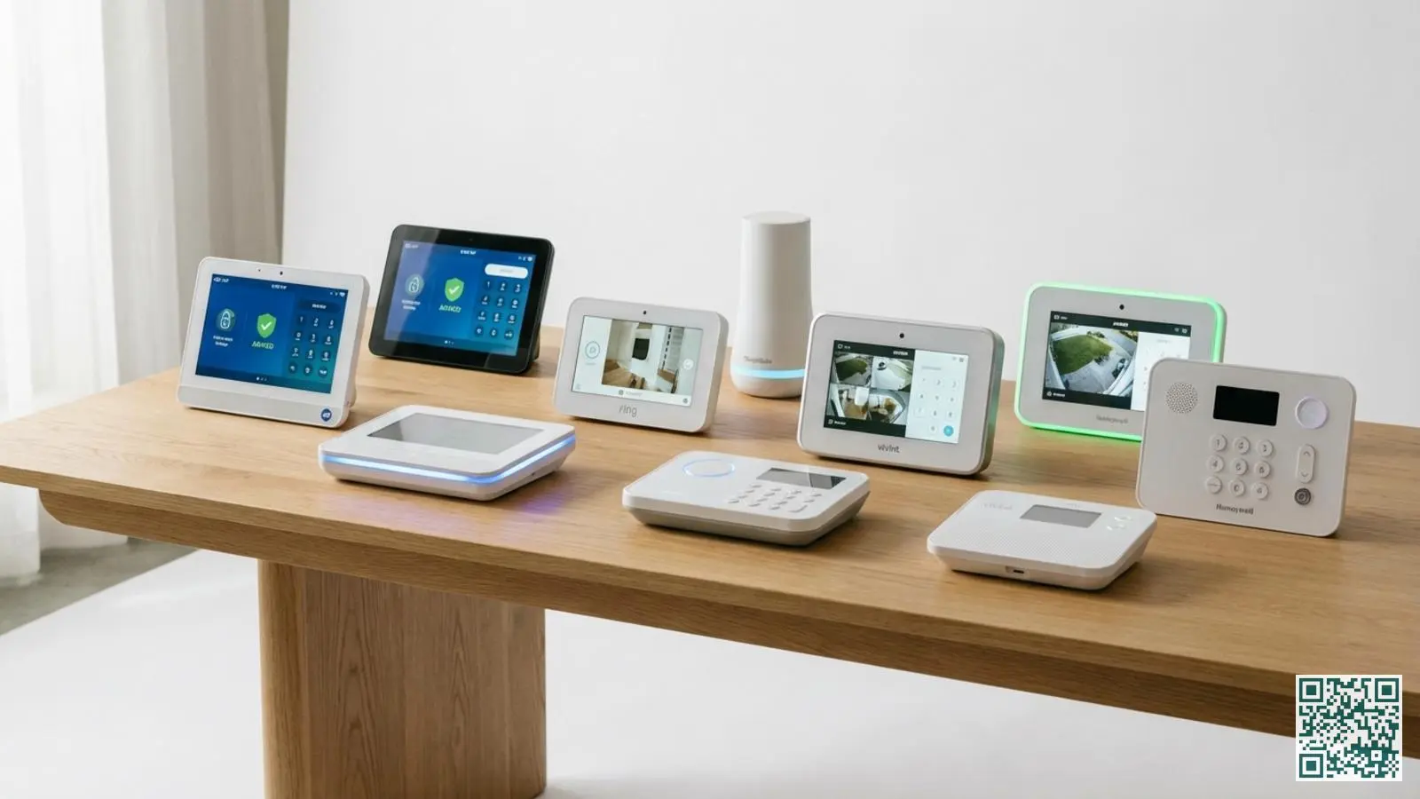 Verschillende alarmsysteem bedieningspanelen van populaire merken naast elkaar op een houten tafel met statuslampjes