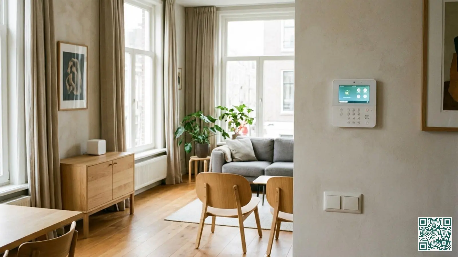 Wit Eufy alarm bedieningspaneel aan de muur in een moderne Nederlandse woonkamer met de HomeBase op een dressoir