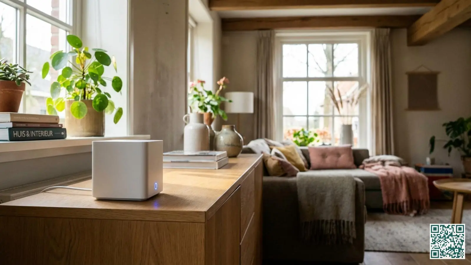 Witte Eufy HomeBase hub met blauw indicatielampje op een houten dressoir in een gezellige huiskamer