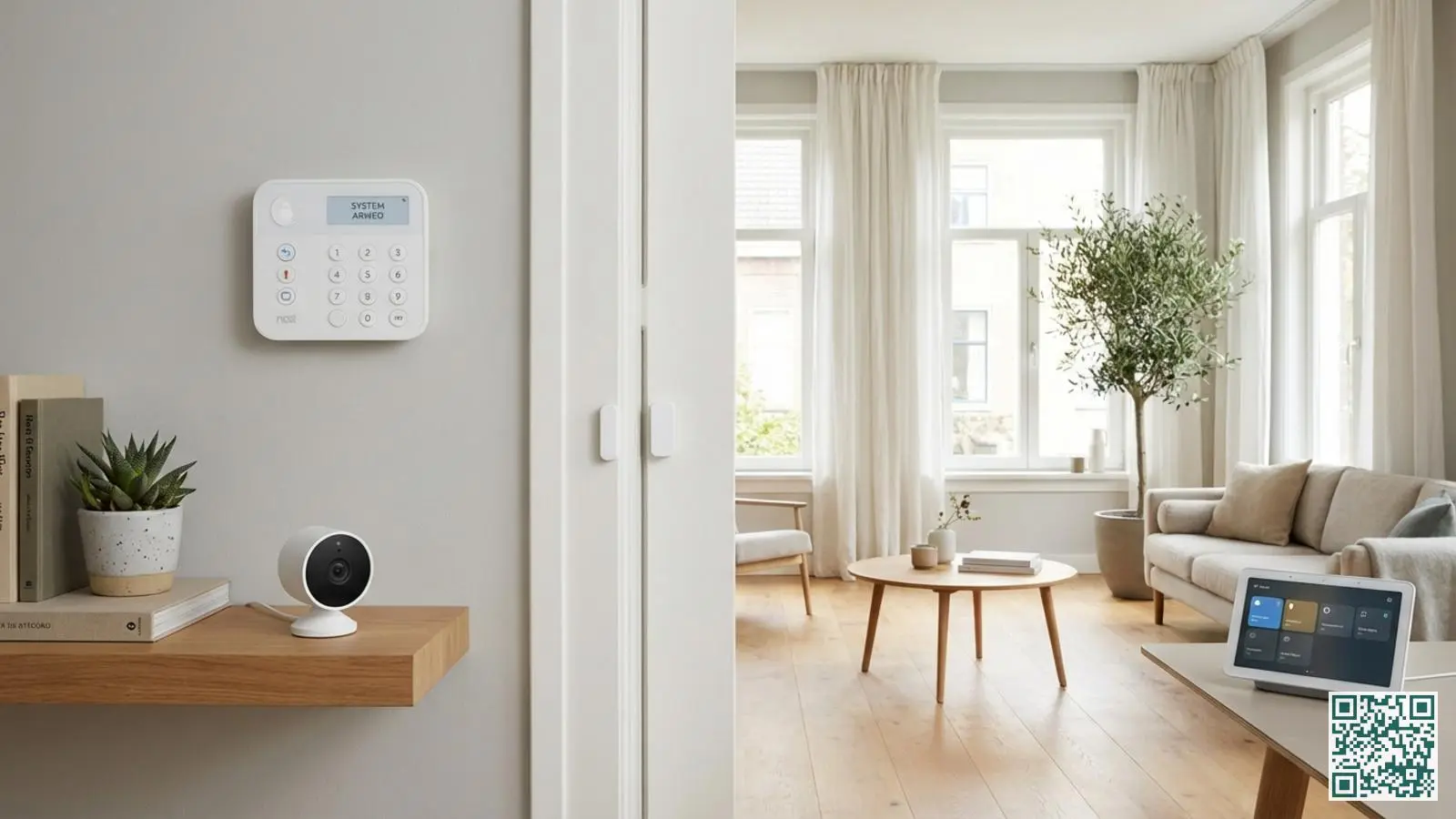 Verschillende Eufy beveiligingsproducten in een Nederlandse woning met keypad, camera en deursensor die samenwerken