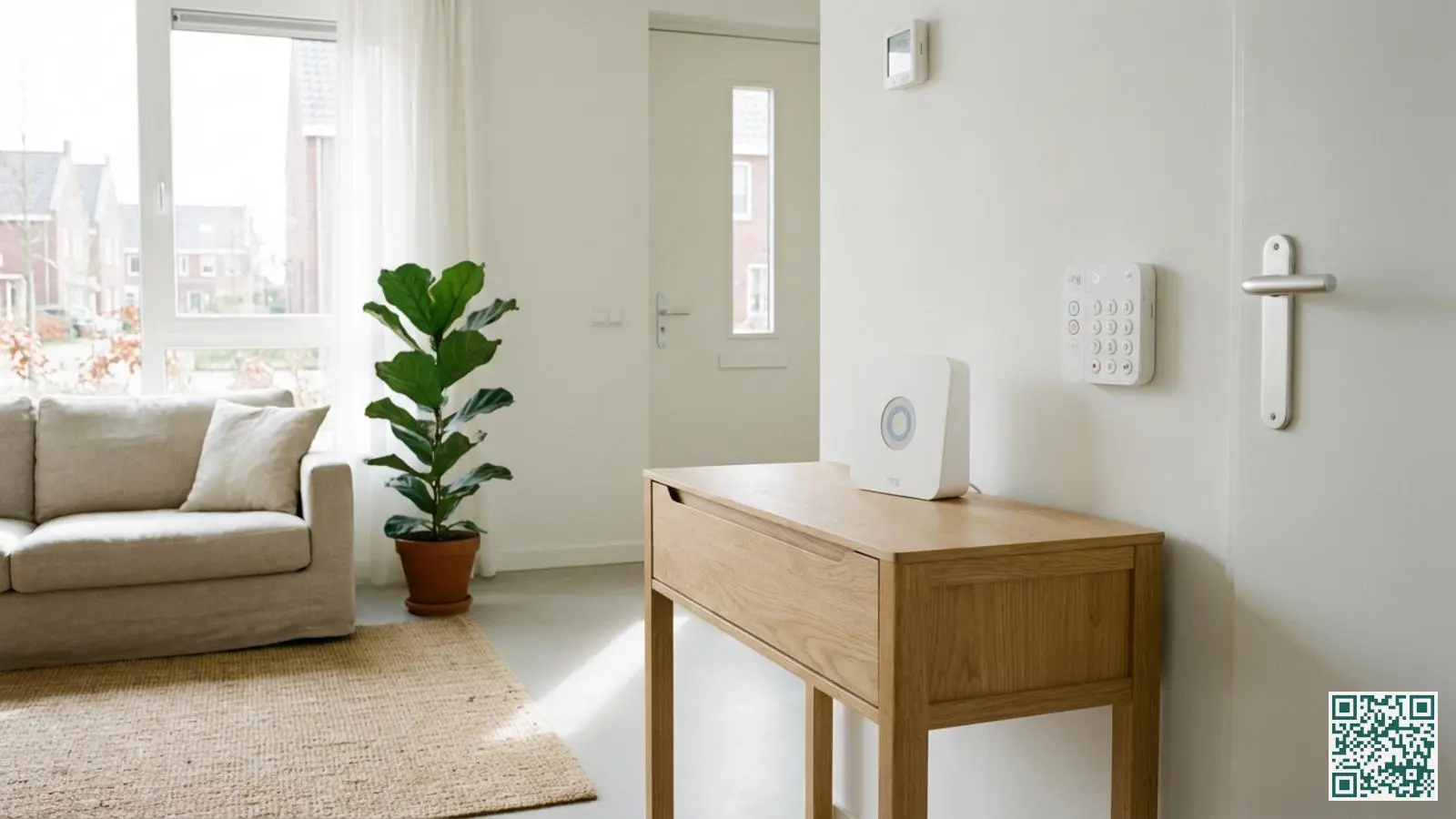 Ring alarmsysteem met wit basisstation op houten kastje en bedieningspaneel aan de muur in een moderne woonkamer