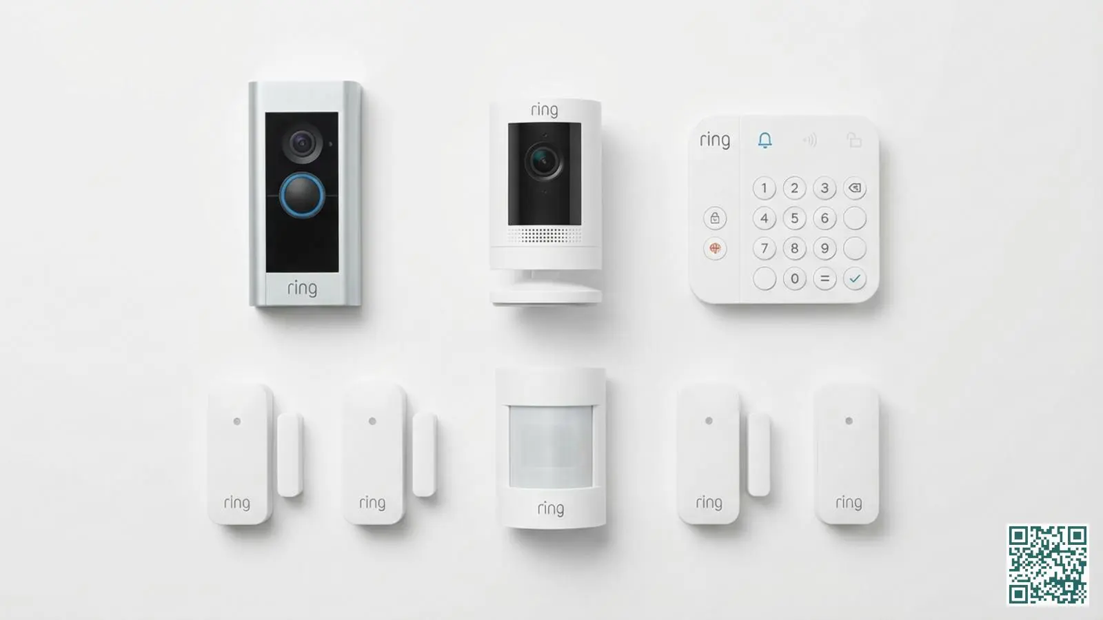 Overzicht van Ring ecosysteem producten met video deurbel, beveiligingscamera, sensoren en alarm keypad netjes uitgestald