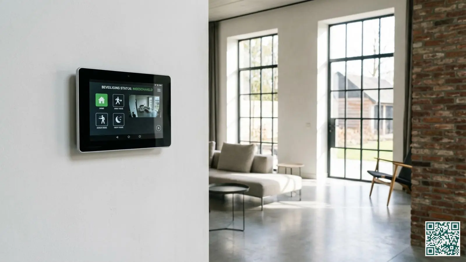 Modern alarmsysteem bedieningspaneel met touchscreen gemonteerd op witte muur in Nederlandse woonkamer met daglicht