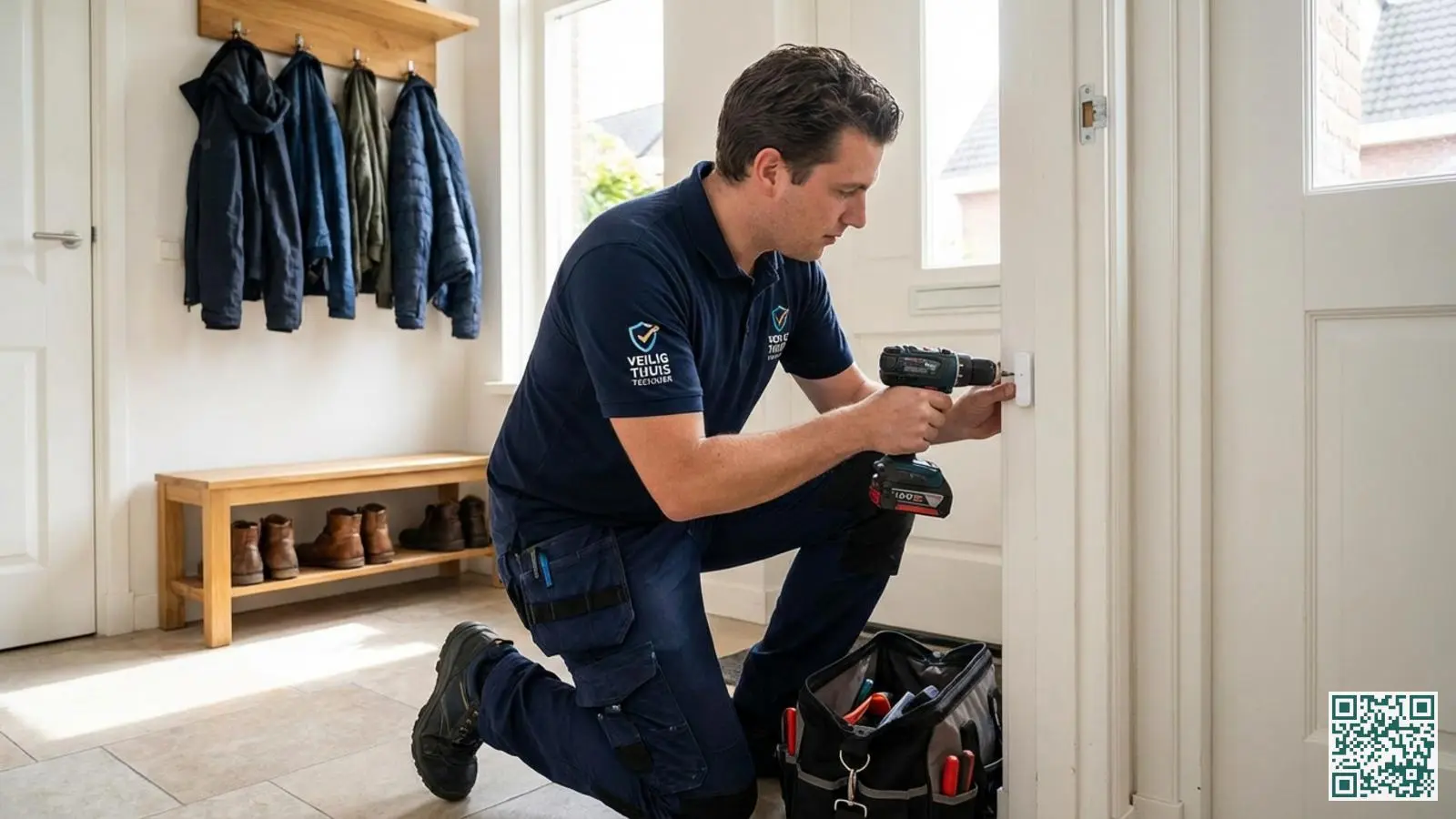 Beveiligingsmonteur in uniform installeert een deursensor bij de voordeur van een Nederlandse woning