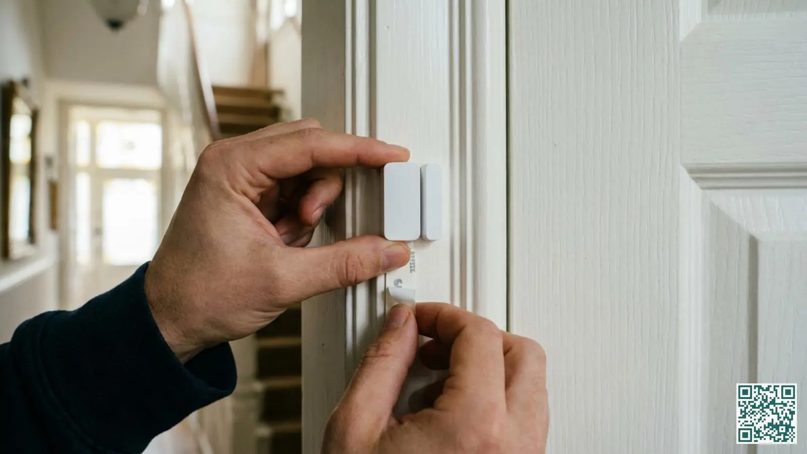 Handen die een kleine witte draadloze deursensor met plakstrip bevestigen op een wit houten deurkozijn