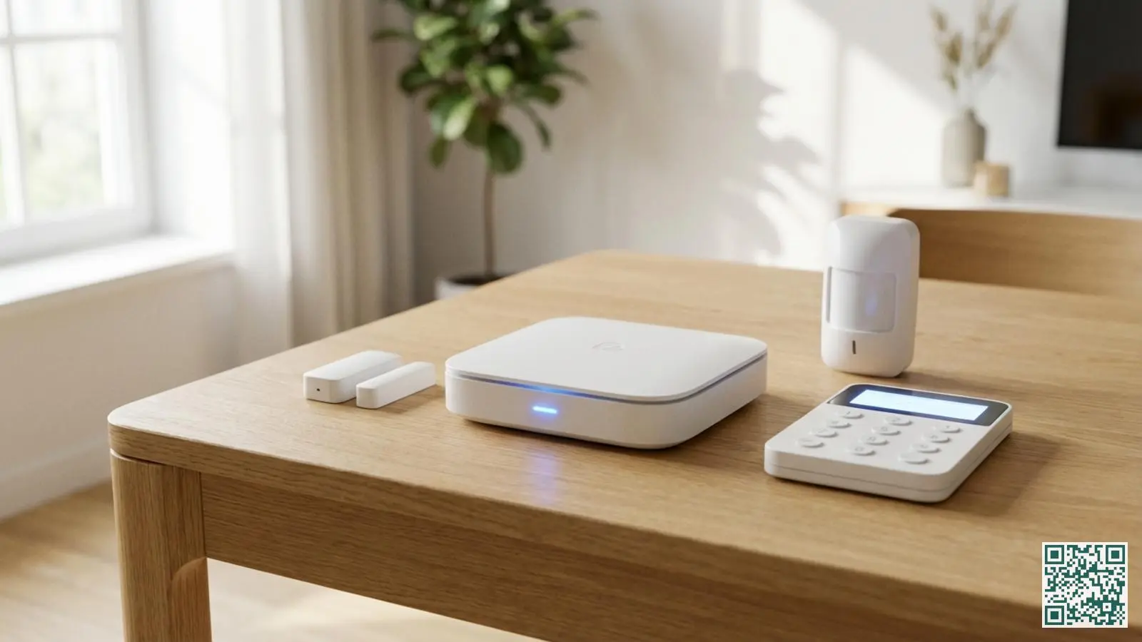 Moderne draadloze alarmsysteem centrale unit op houten tafel met bewegingsmelder, deursensor en keypad ernaast