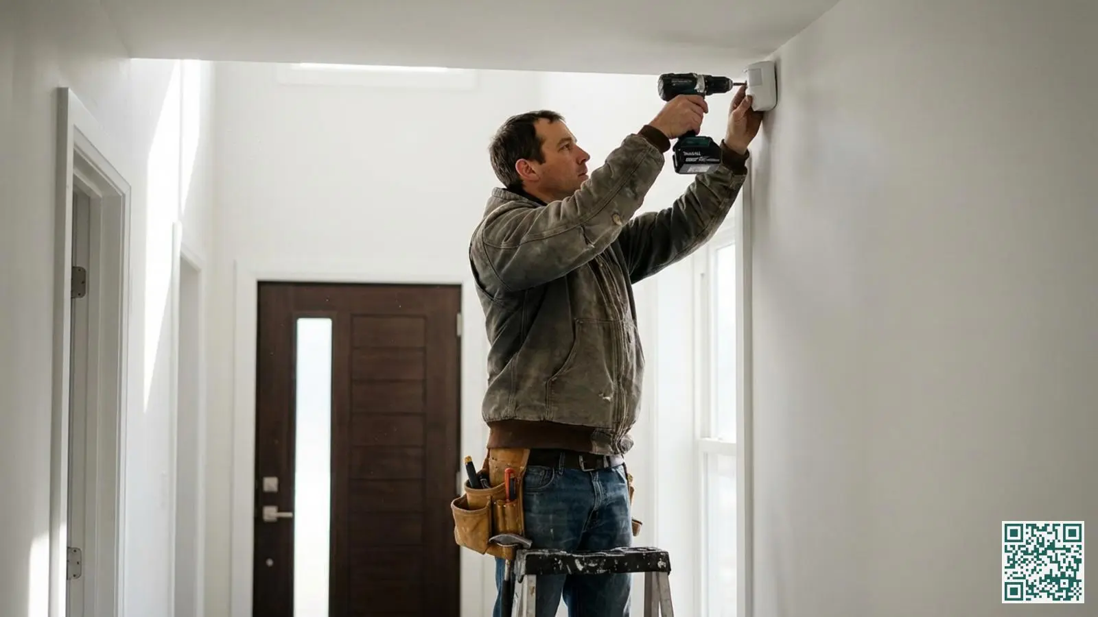 Monteur installeert een bewegingsmelder in de bovenhoek van een hal bij de voordeur met een boormachine