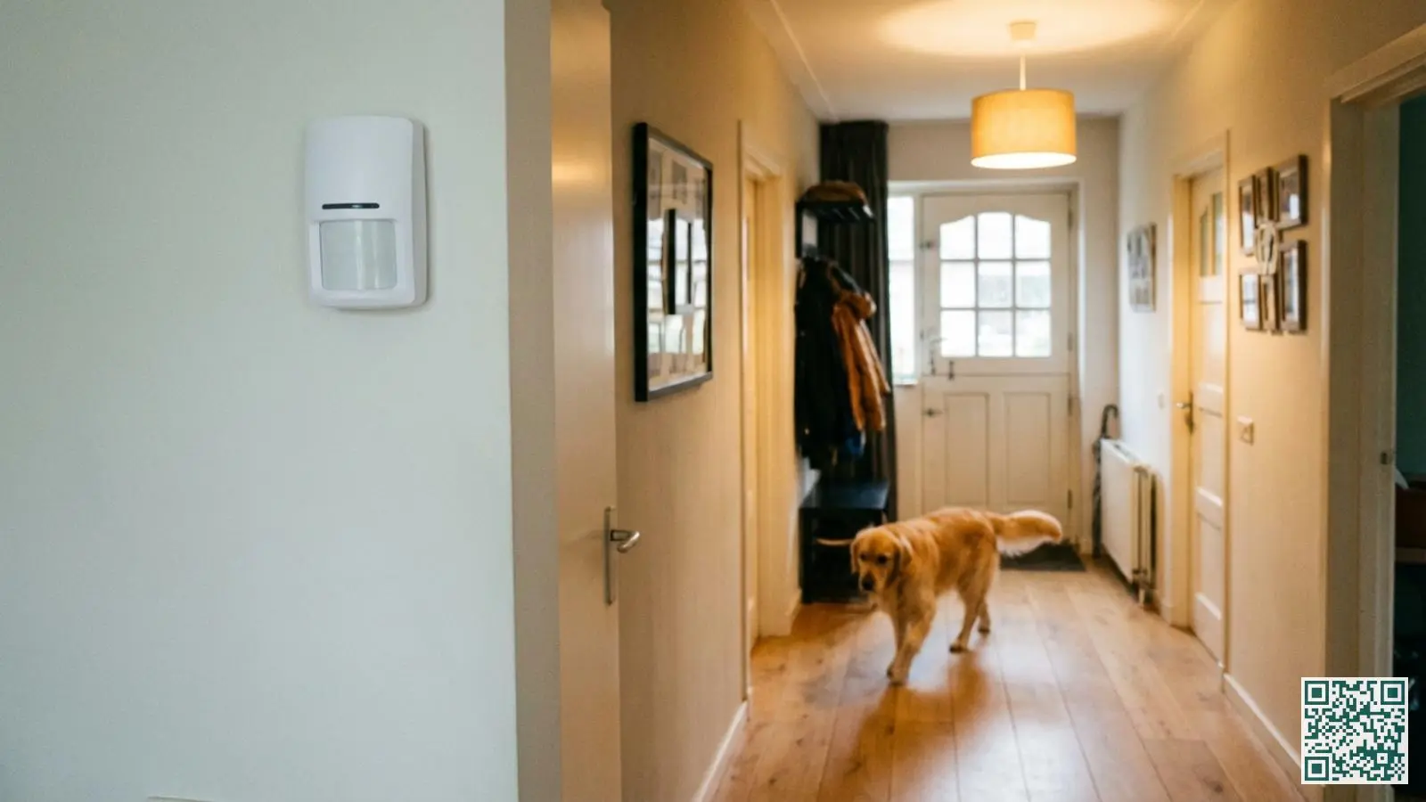 Huisdiervriendelijke bewegingsmelder aan de muur met een hond die door de hal loopt op de achtergrond