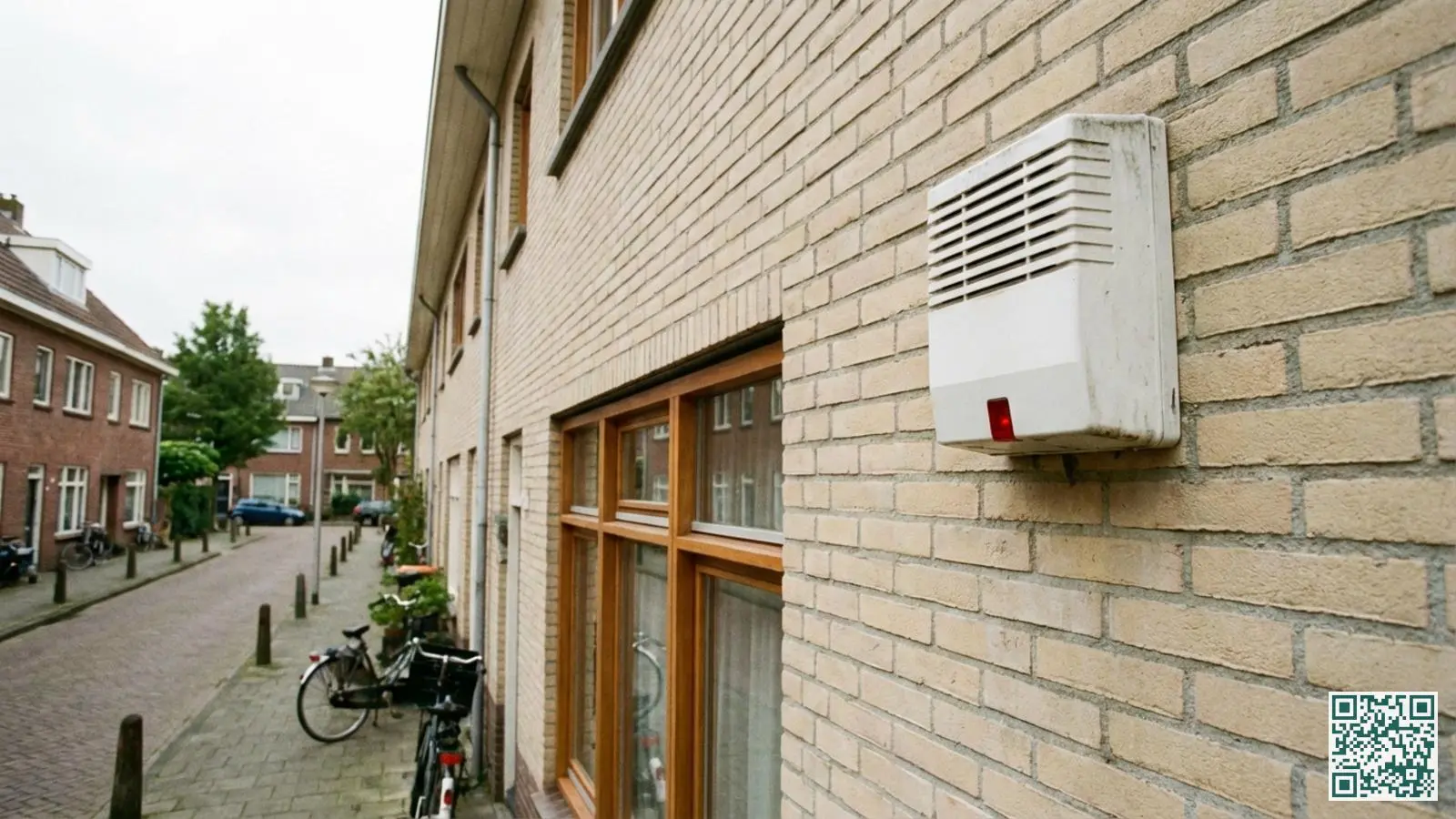 Witte buitensirene van een alarmsysteem gemonteerd op de lichtgekleurde gevel van een woning naast een raam