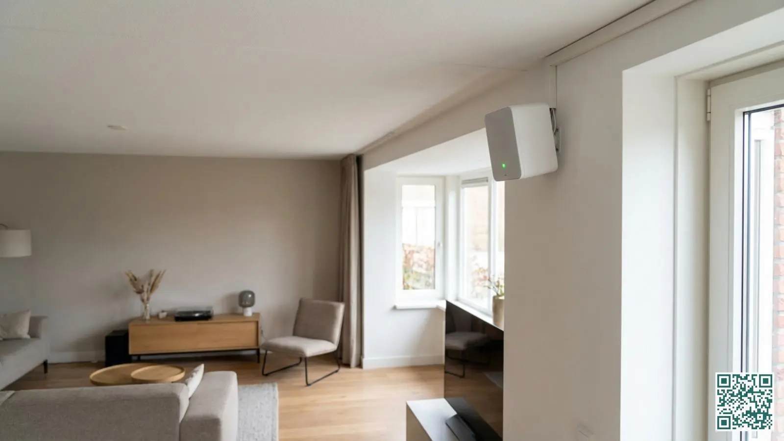 Witte mistgenerator voor inbraakbeveiliging gemonteerd aan een woonkamermuur nabij het plafond met indicatielampje