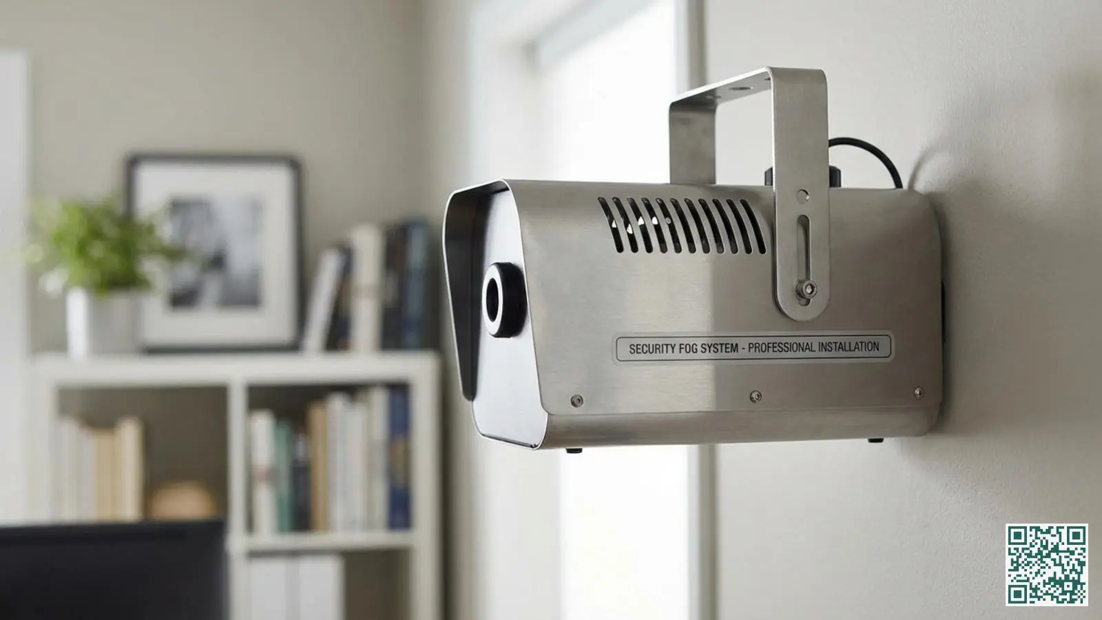 Close-up van een professioneel geïnstalleerd rookgordijn apparaat met zichtbare ventilatiesleuven en montagebeugel