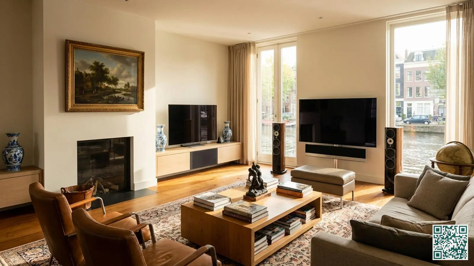 Stijlvolle woonkamer met waardevolle kunst aan de muur en dure elektronica die extra beveiliging rechtvaardigt