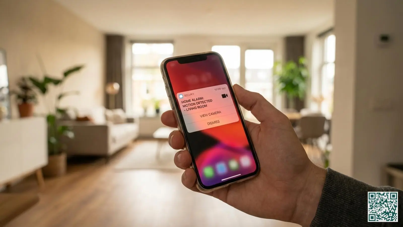 Hand houdt smartphone met alarmmelding notificatie van bewegingsdetectie op het scherm in woonkamer